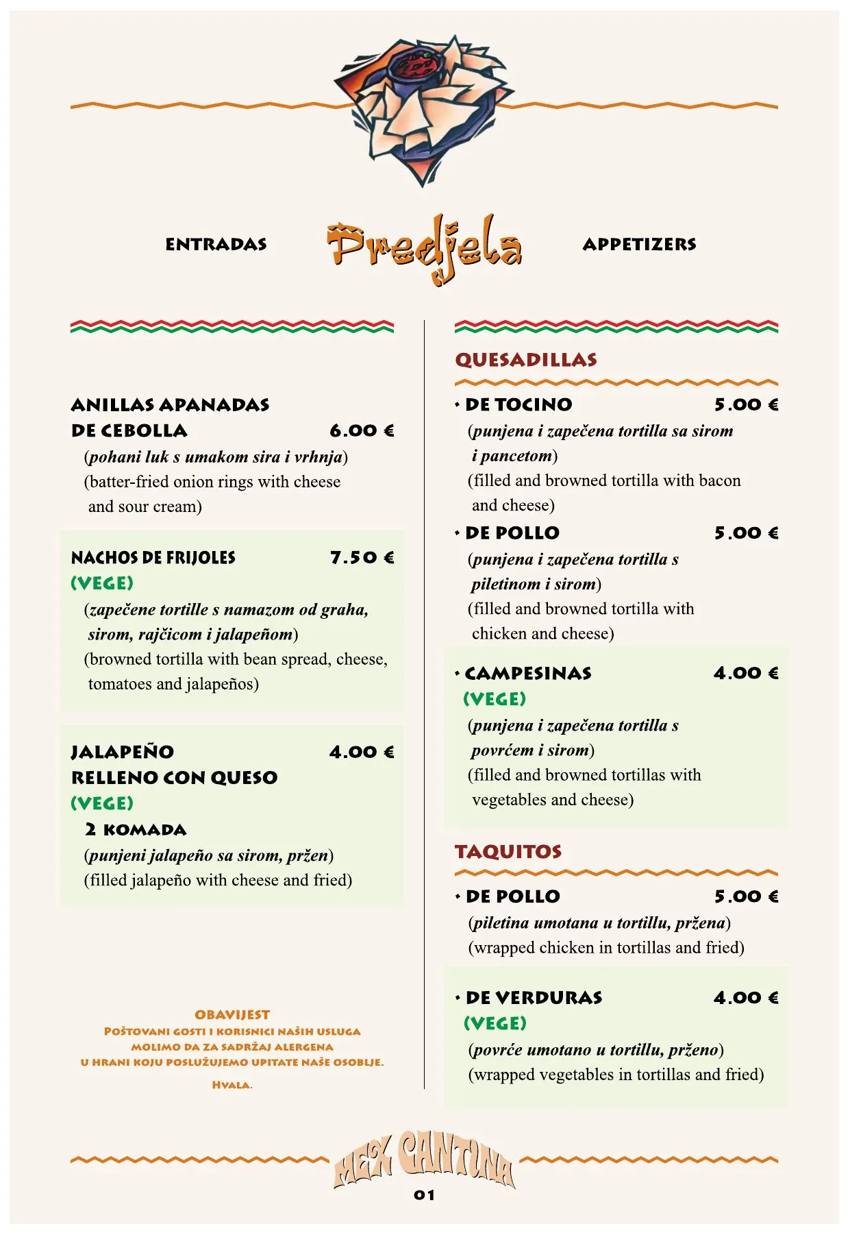 Jelovnik Mex Cantina — stranica 1